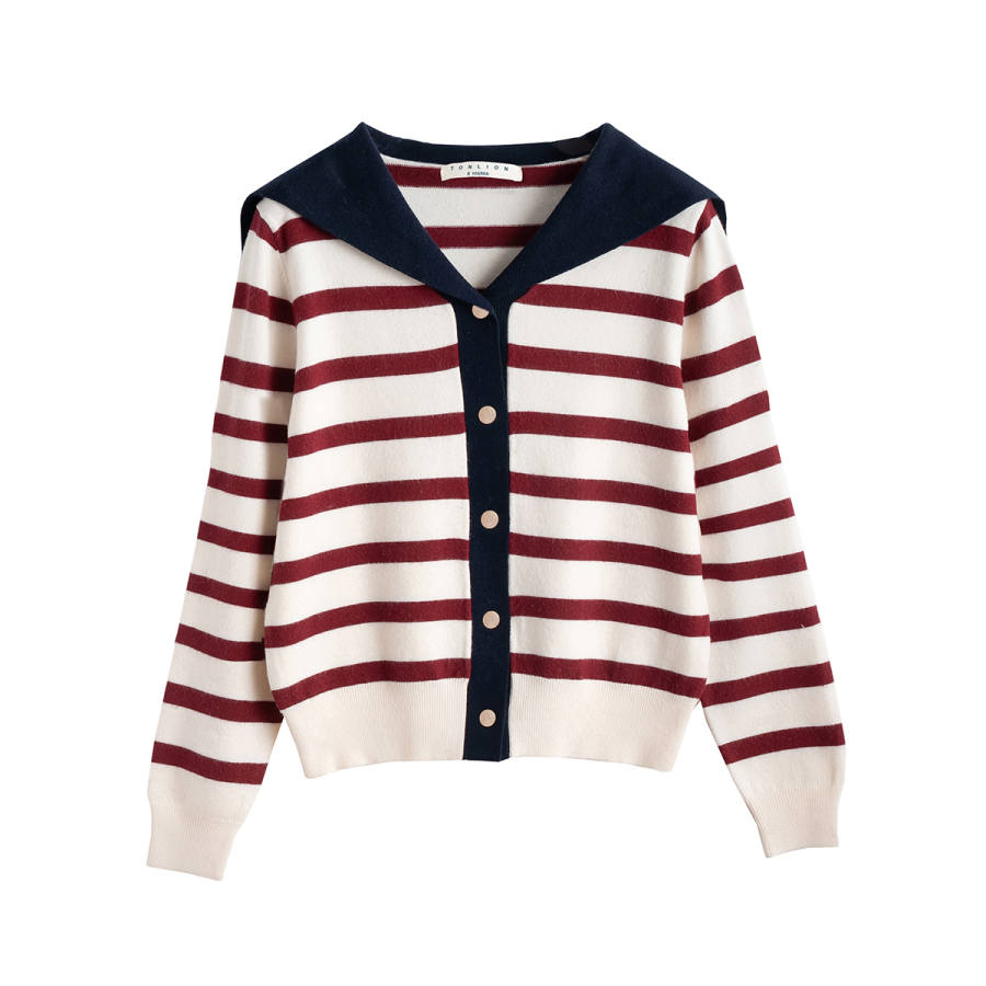 Tonlion Knitwear Women's Red Tone Navy Collar Moderate Cardigan