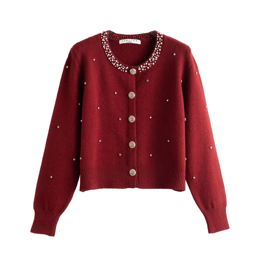 Tonlion Knitwear Women's Dark Red Crew Neck Moderate Cardigan