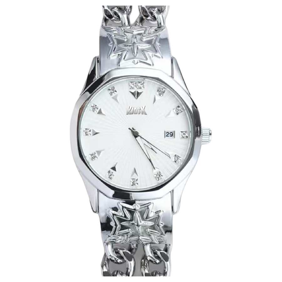 KIOSK Silver Luxury American Fossil Quartz Movement Stainless Steel Watchband Watch Unisex White Dial