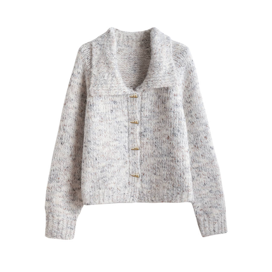 Tonlion Knitwear Women's White Tone Lapel Moderate Cardigan