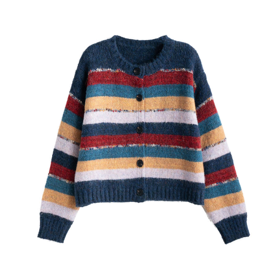 Tonlion Knitwear Women's Blue Tone Crew Neck Moderate Cardigan