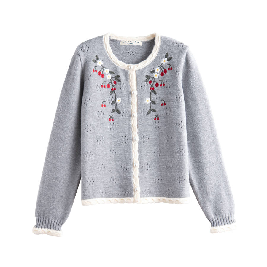 Tonlion Knitwear Women's Gray Tone Crew Neck Moderate Cardigan