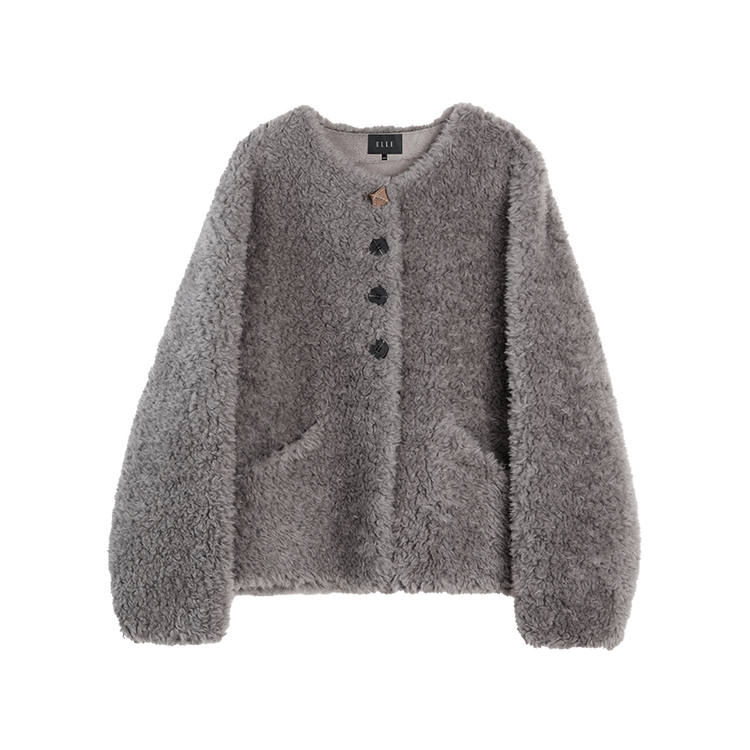 ELLE Velvet Jackets Women's Medium Gray Crew Neck Thickened