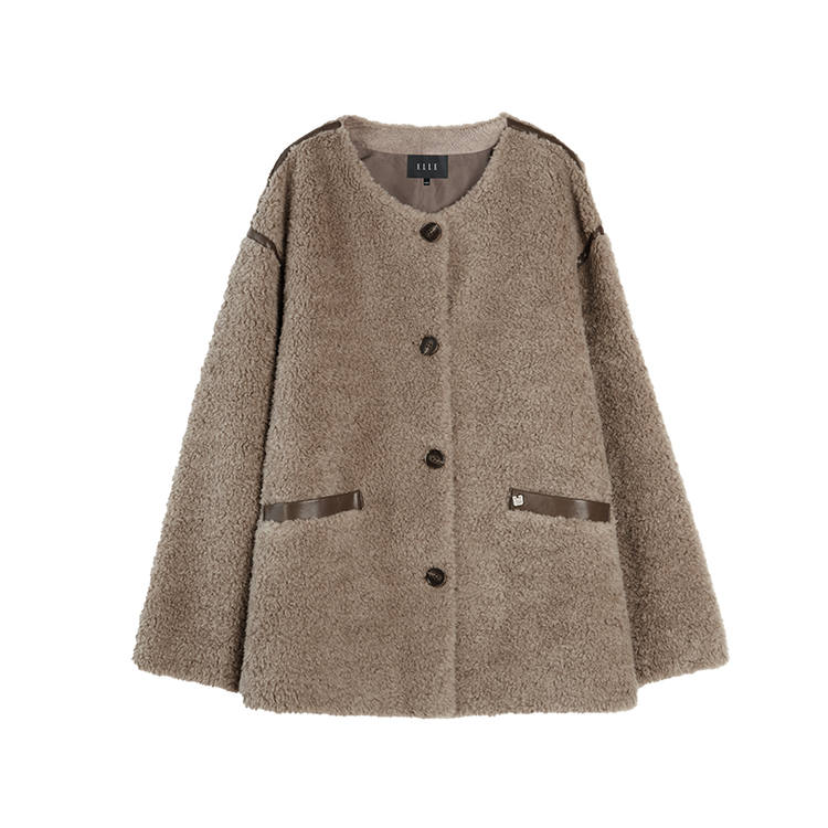 ELLE Velvet Jackets Women's Beige Coffee Crew Neck Moderate