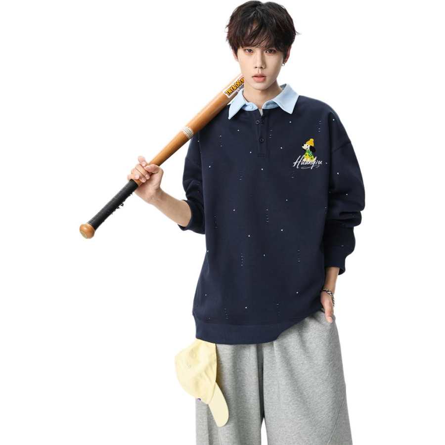 HUANQIU Sweatshirts Unisex Lapel Moderate Mock Two Piece