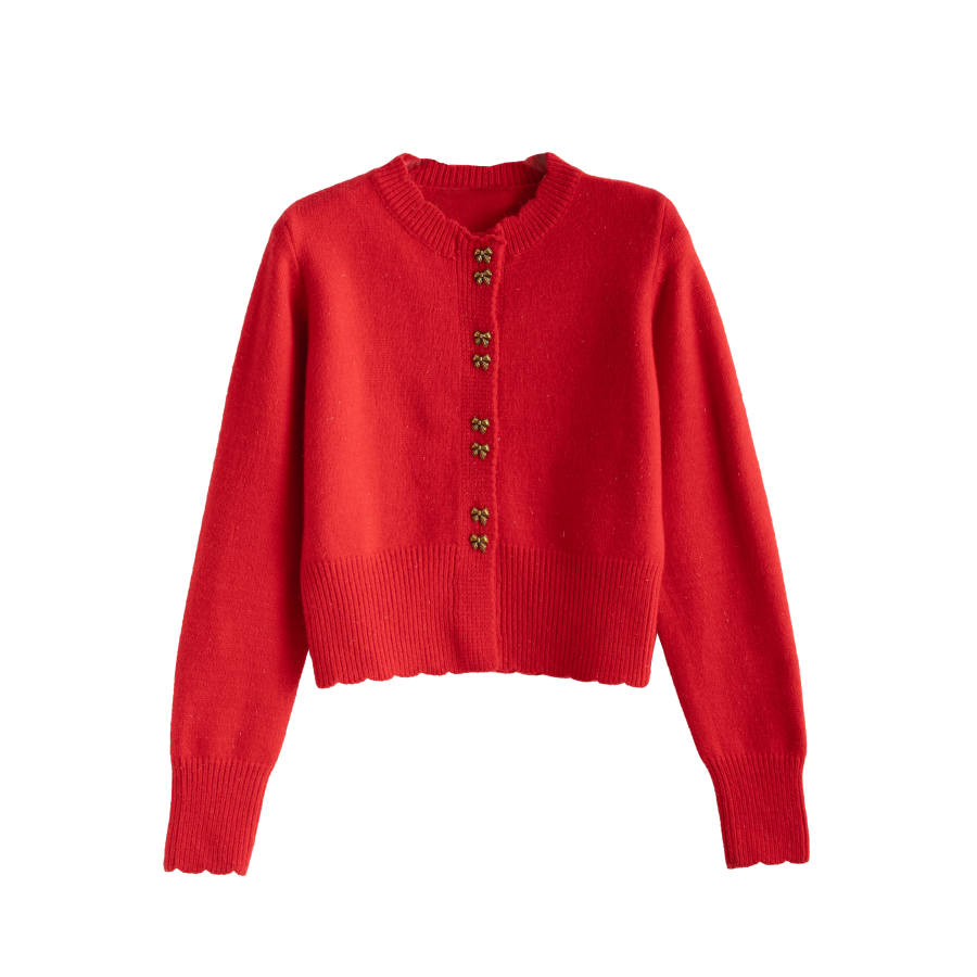 Tonlion Knitwear Women's Dark Red Crew Neck Moderate Cardigan