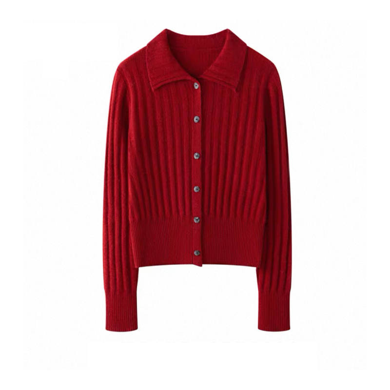 Tonlion Knitwear Women's Dark Red Lapel Moderate Cardigan