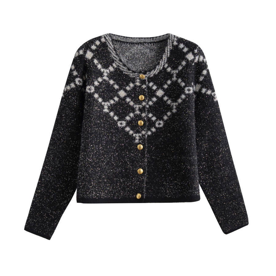 Tonlion Knitwear Women's Black Tone Crew Neck Moderate Cardigan