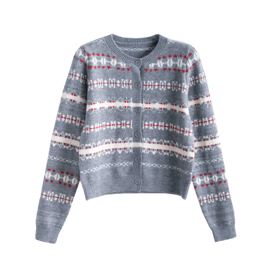 Tonlion Knitwear Women's Gray Tone Crew Neck Moderate Cardigan