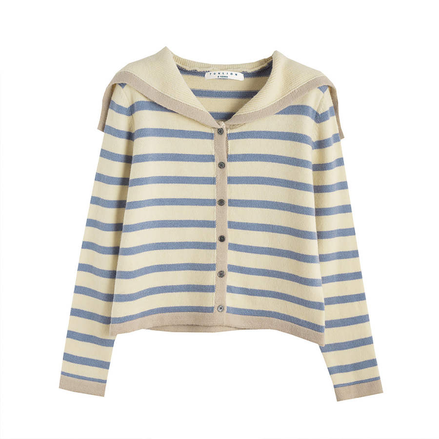 Tonlion Knitwear Women's Blue Purple Navy Collar Moderate Cardigan
