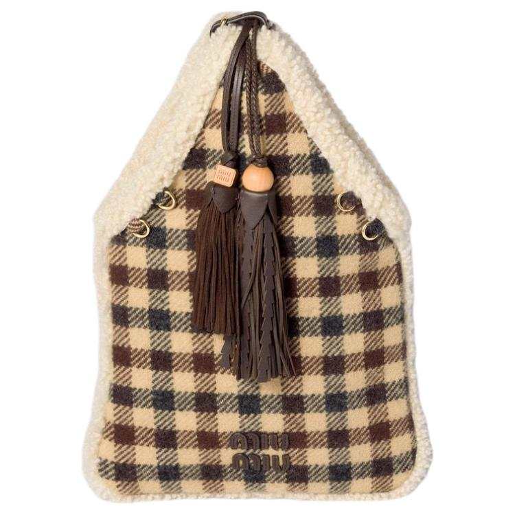 MIU MIU Fabric With Lambswool Handbag Women's Brown & Beige
