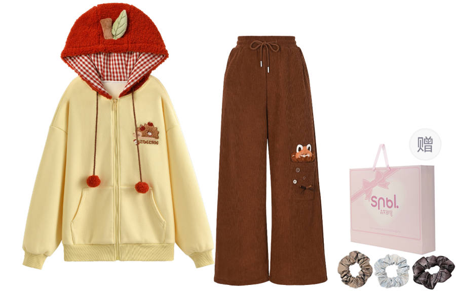 SNBL Sweet And Cute Apple Creative Design Hoodie Coat Thickened And Fleece Lined Vintage Wide Leg Pants High Rise