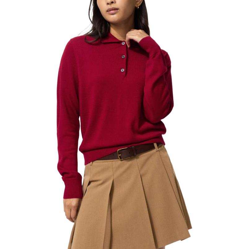 UNIQLO Polo Shirts Women's Red Polo Collar Moderate Straight Fit
