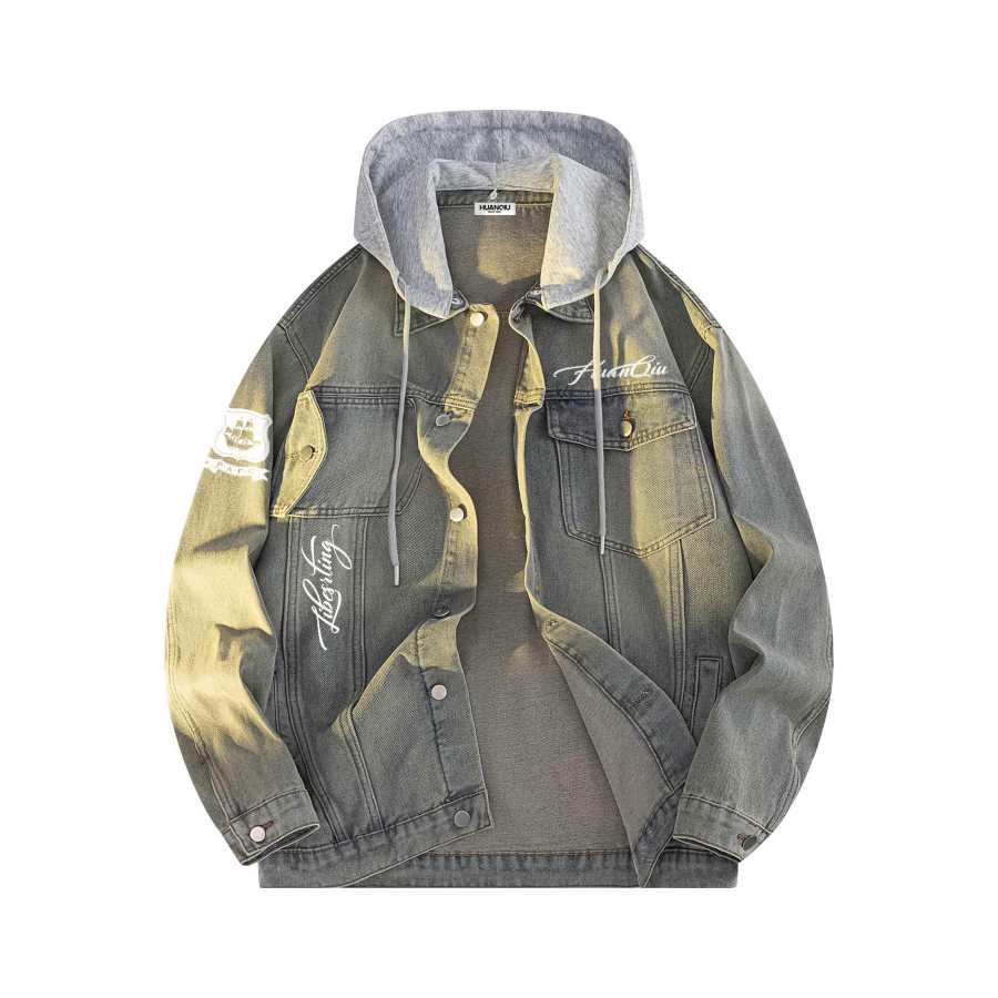 HUANQIU Denim Jackets Unisex Hooded Moderate Mock Two Piece