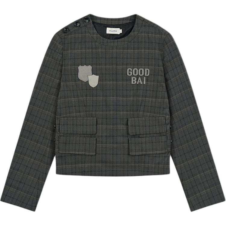 GOOD BAI Crop Tops Women's Dark Gray Plaid Crew Neck Moderate