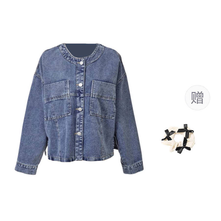 CPAURA Denim Jackets Women's Crew Neck Moderate Straight Fit