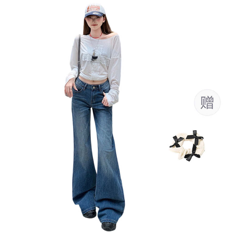 CPAURA Jeans Women's Vintage Blue+Hair Tie Comes With Moderate Flared Pants