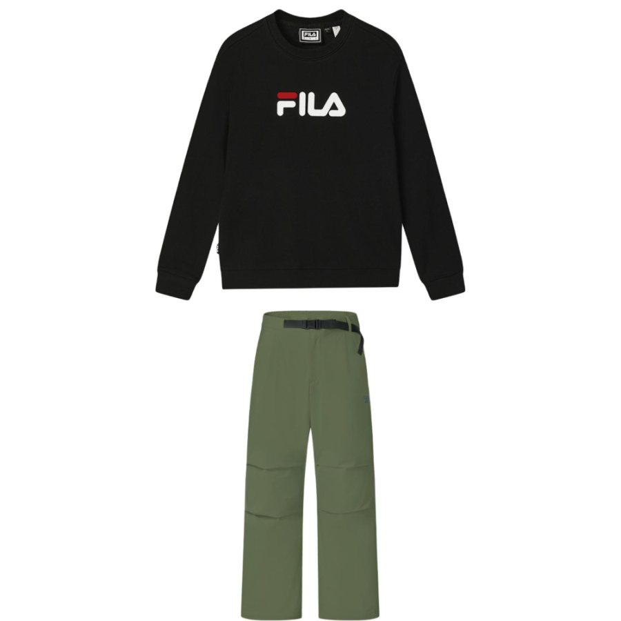 FILA Sweatshirt Sets Men's Sweatshirt Jet Black+Green Military Pants Crew Neck Moderate