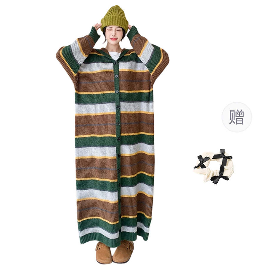 CPAURA Knit Long Skirts Women's Striped+Hair Tie, Comes With Moderate Long Knitted Skirt