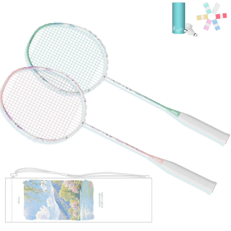 PEAK Full Carbon Badminton Rackets Control Type All around Defense Entry level Unisex 5U/G6 Peach Powder + Matcha Green