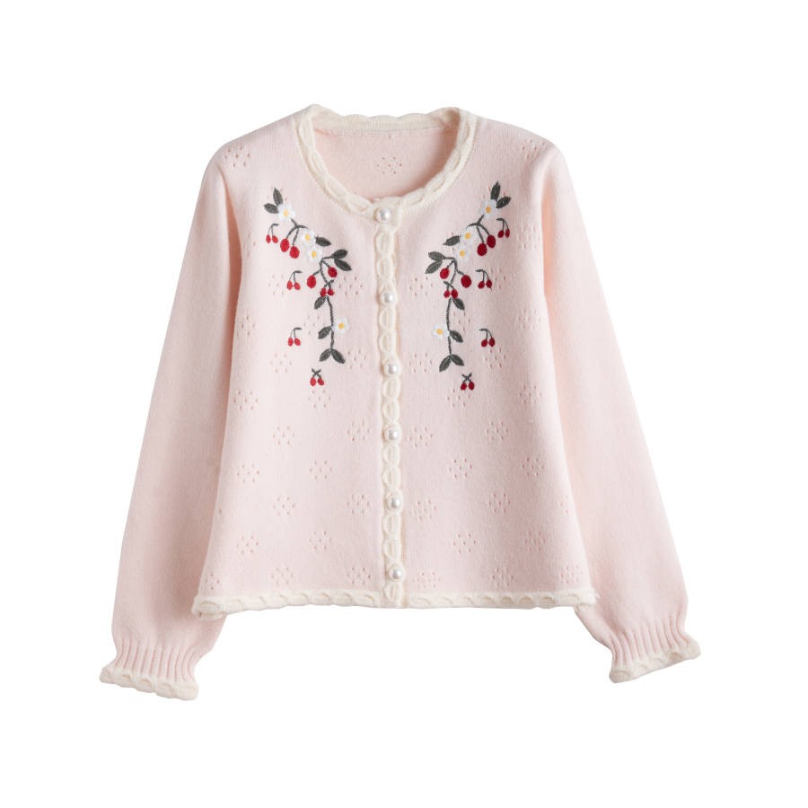 Tonlion Knitwear Women's Pink Crew Neck Moderate Cardigan