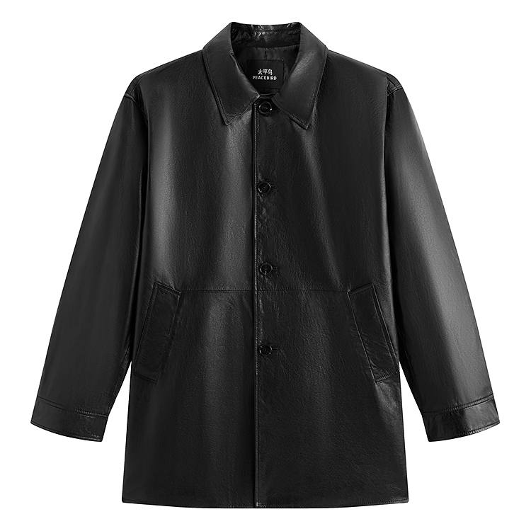 PEACEBIRD MEN Sharpness Leather Jacket Lapel Genuine Leather Long Jacket Men's