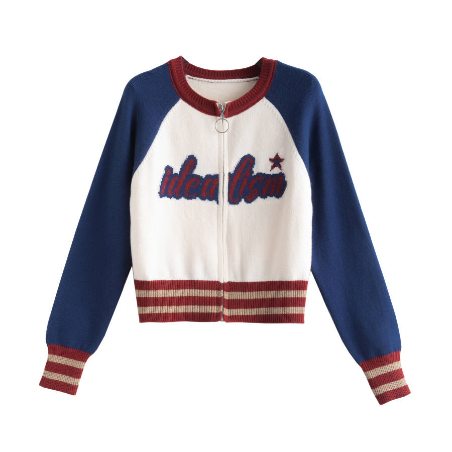 Tonlion Knitwear Women's Vintage Blue Crew Neck Moderate Cardigan