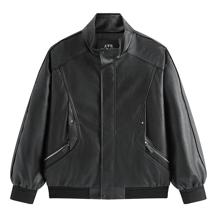 PEACEBIRD MEN PU Leather Stand Collar Jackets Men's