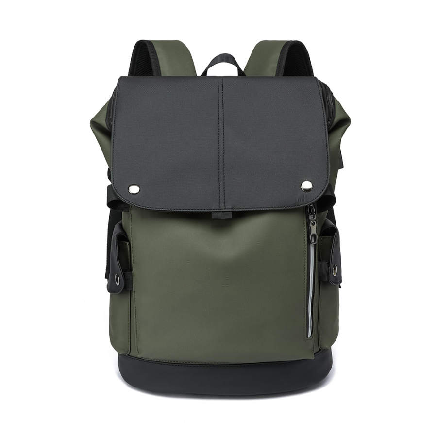 LAORENTOU Synthetic Leather Backpack Regular Men's Leather Film Army Green/Pattern Black