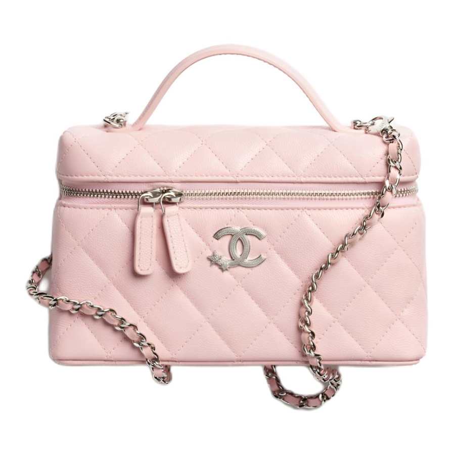 CHANEL Grain Cow Leather Material Silver Metal Portable Makeup Bag Women's Light Pink