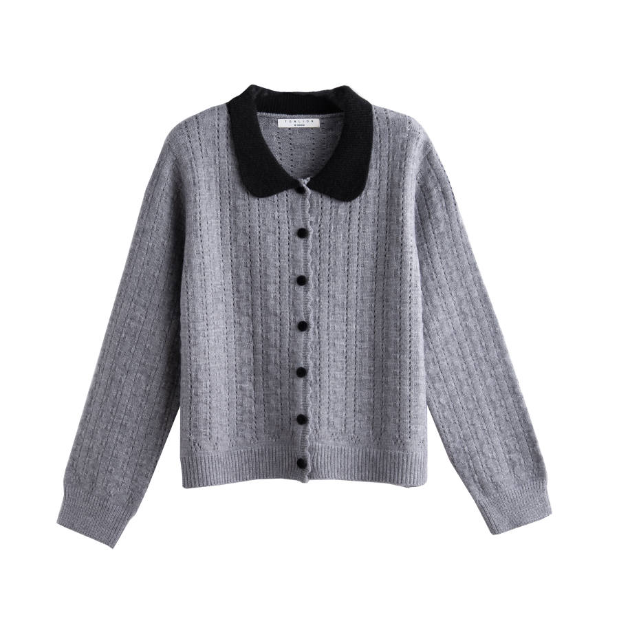 Tonlion Knitwear Women's Dark Heather Gray Lapel Moderate Cardigan
