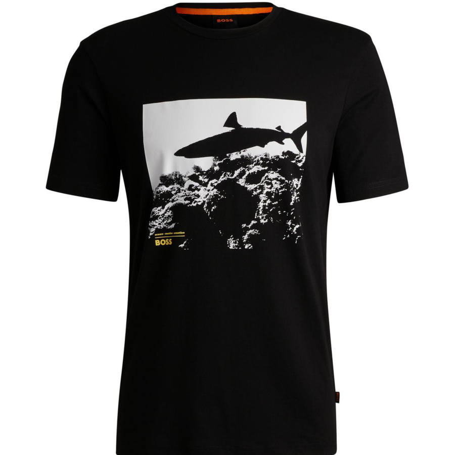 HUGO BOSS Cotton Jersey Regular Fit T Shirt With Seasonal Print T Shirt Men's Black