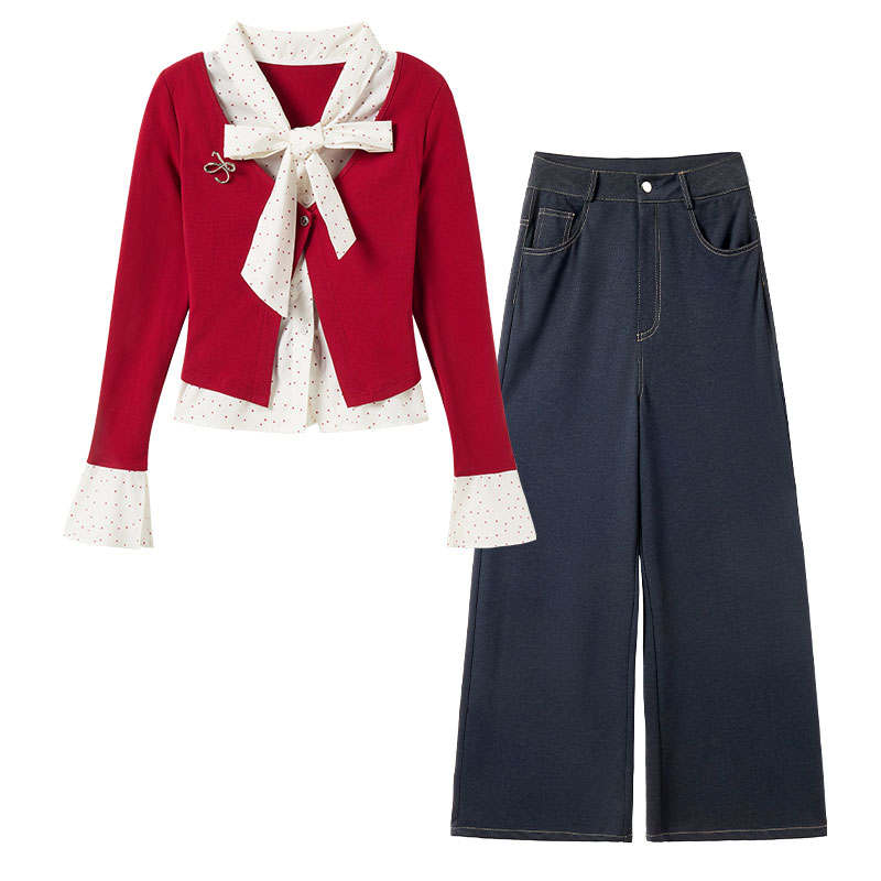FABRIC PIG Casual Suits Women's Red Top+Dark Blue Pants+Brooch Ribbon Collar Moderate Other