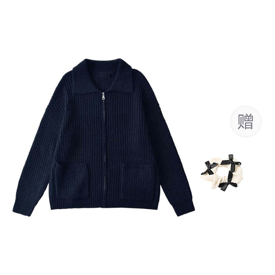 CPAURA Knitwear Women's Navy Blue+Hair Tie Comes With Lapel Moderate Cardigan