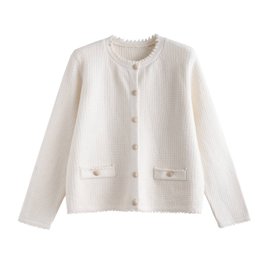 Tonlion Knitwear Women's Apricot Beige Crew Neck Moderate Cardigan
