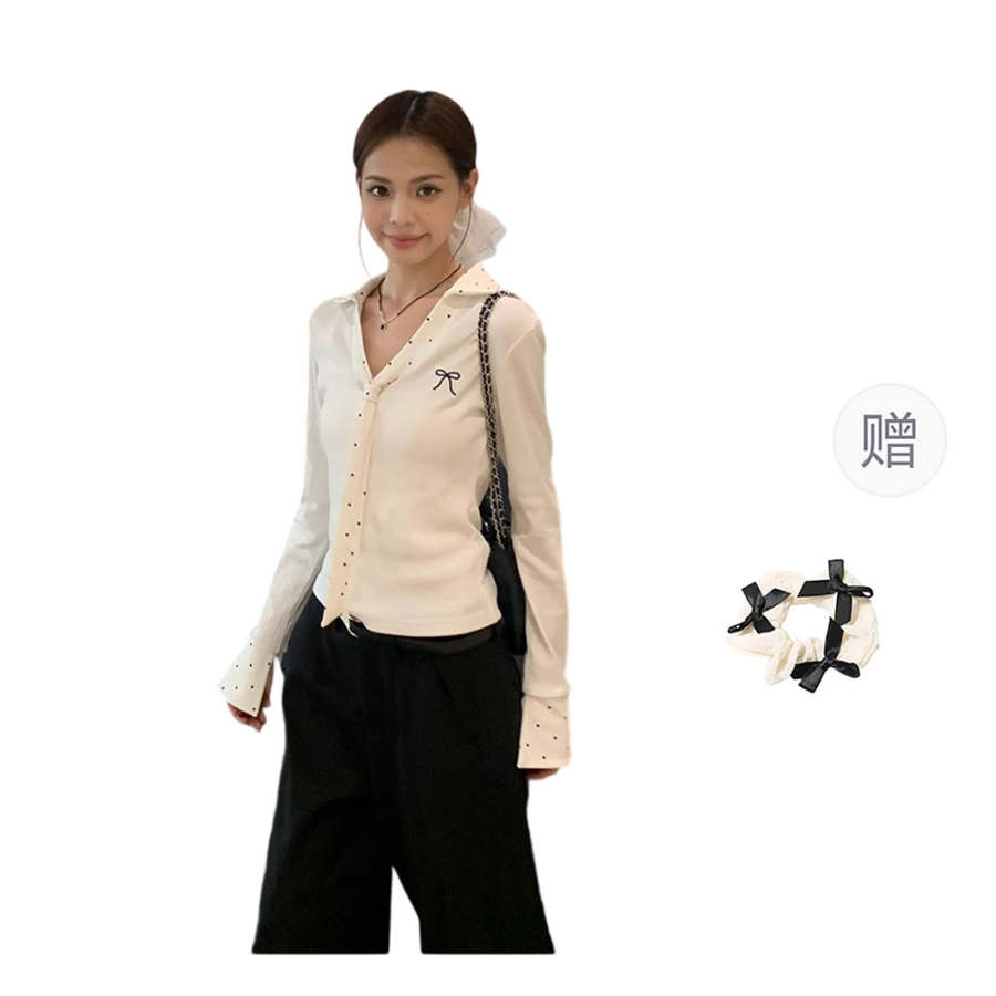 CPAURA T Shirts Women's White Comes With Hair Tie Lapel Moderate Straight Fit