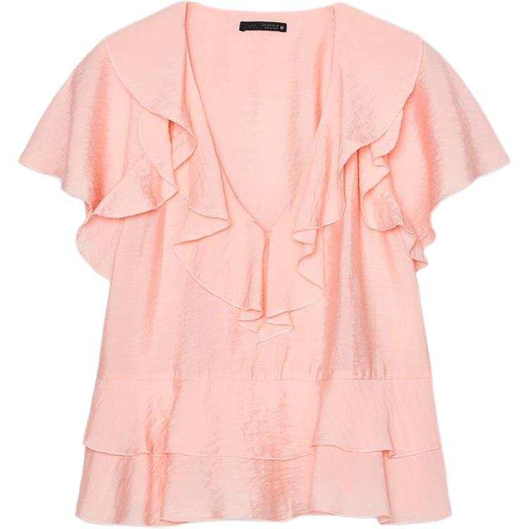 ZARA Shirts Women's Light Pink V Neck Moderate