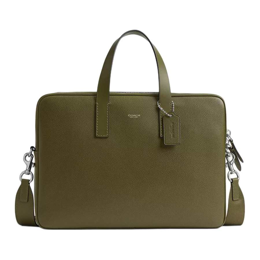COACH Brief Polished Pebble Grain Vegetable Tanned Leather Briefcase Large Men's Olive Green