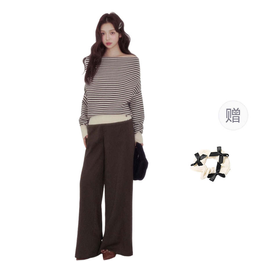 CPAURA Knitwear Women's Striped+Hair Tie, Comes With Crew Neck Moderate Base Layer