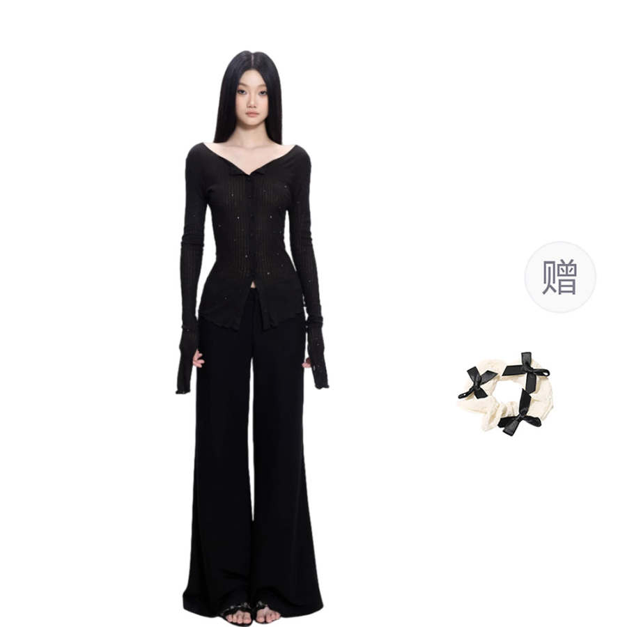 CPAURA Knitwear Women's Black+Hair Tie Comes With V Neck Moderate Cardigan