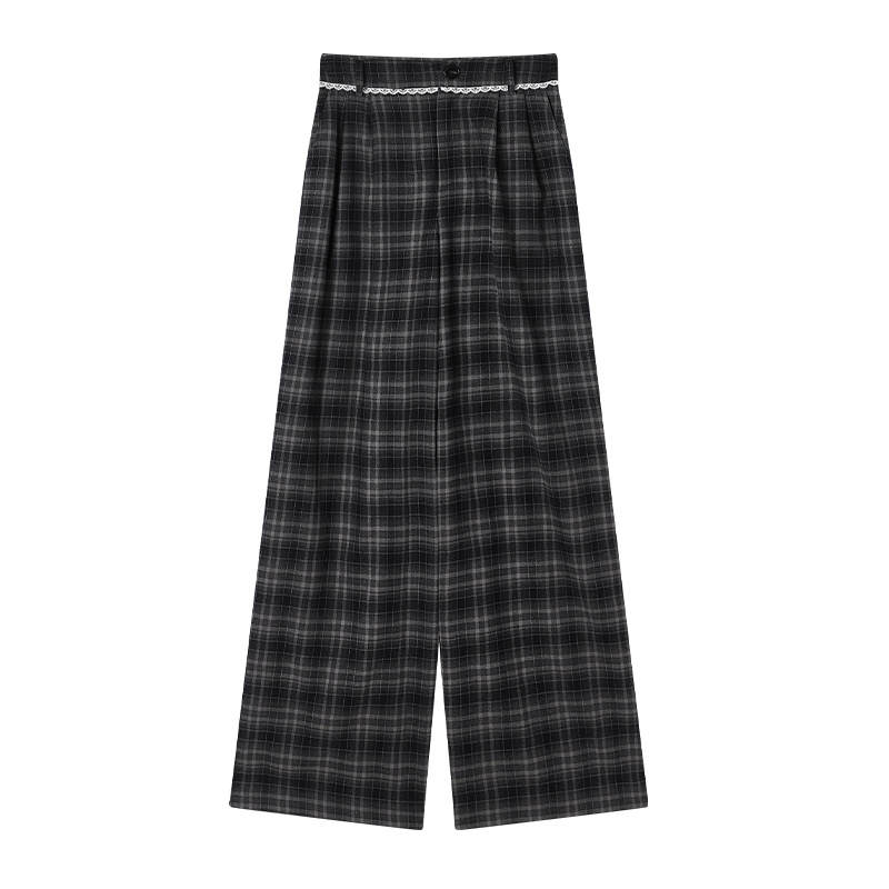 XIANGYING Casual Pants Women's Gray Plaid Moderate Wide Leg Pants