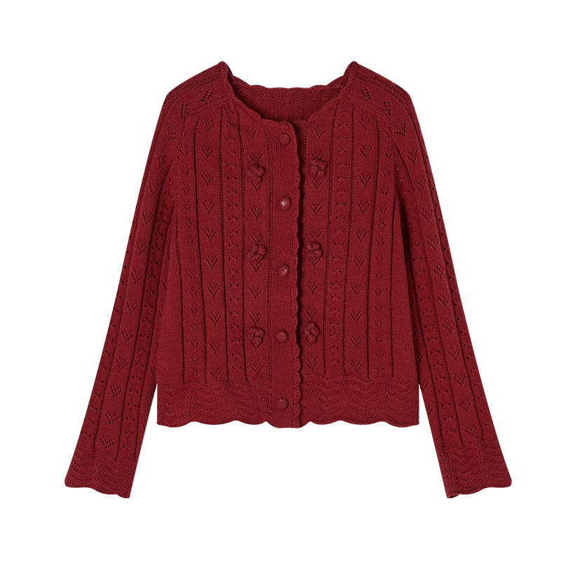 XIANGYING Sweaters Women's Red Crew Neck Moderate Cardigan