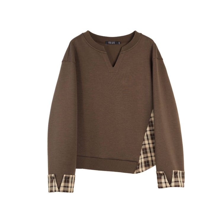 ELLE Sweatshirts Women's Coffee V Neck Moderate Regular