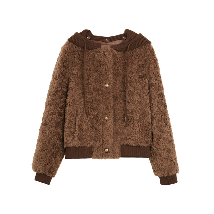 ELLE Velvet Jackets Women's Coffee Hooded Thickened