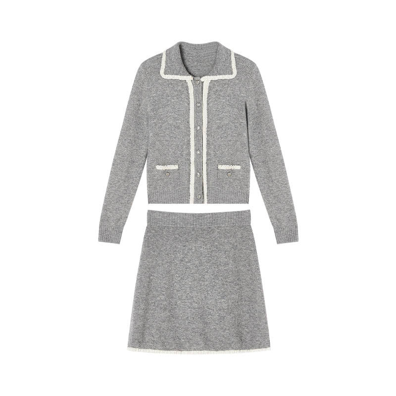 XIANGYING Two Piece Skirt Sets Women's Light Gray Lapel Moderate Short
