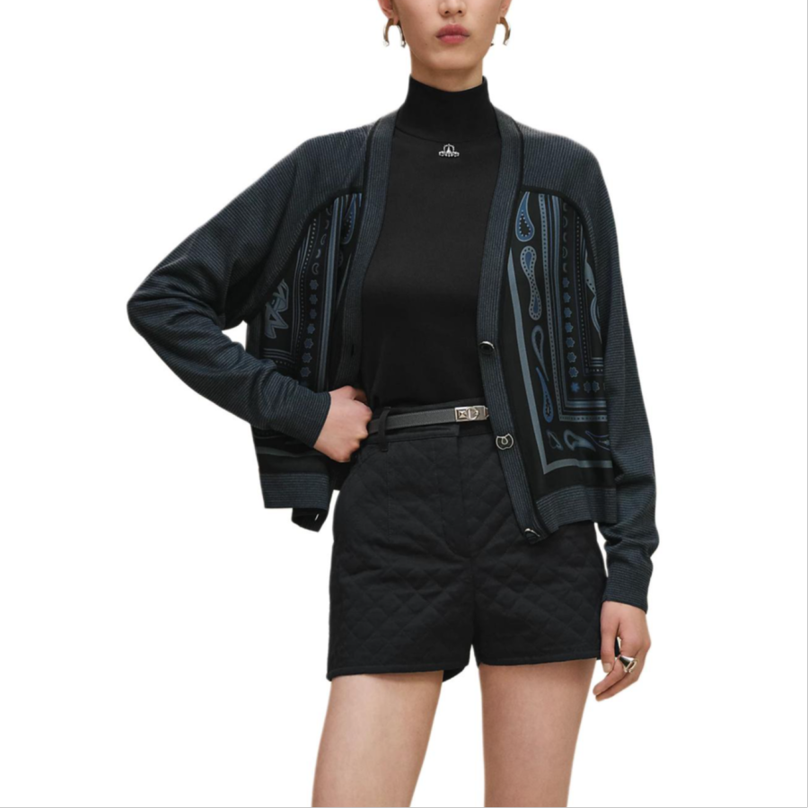 HERMES Sweaters Women's Blue Black V Neck Moderate Cardigan