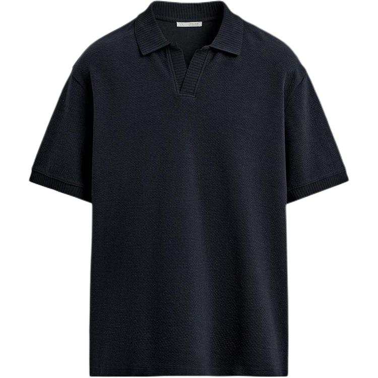 ZARA Polo Shirts Men's Dark Marine Blue Lapel Moderate