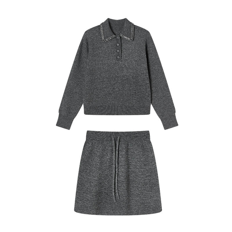 XIANGYING Two Piece Skirt Sets Women's Dark Gray Lapel Moderate Short