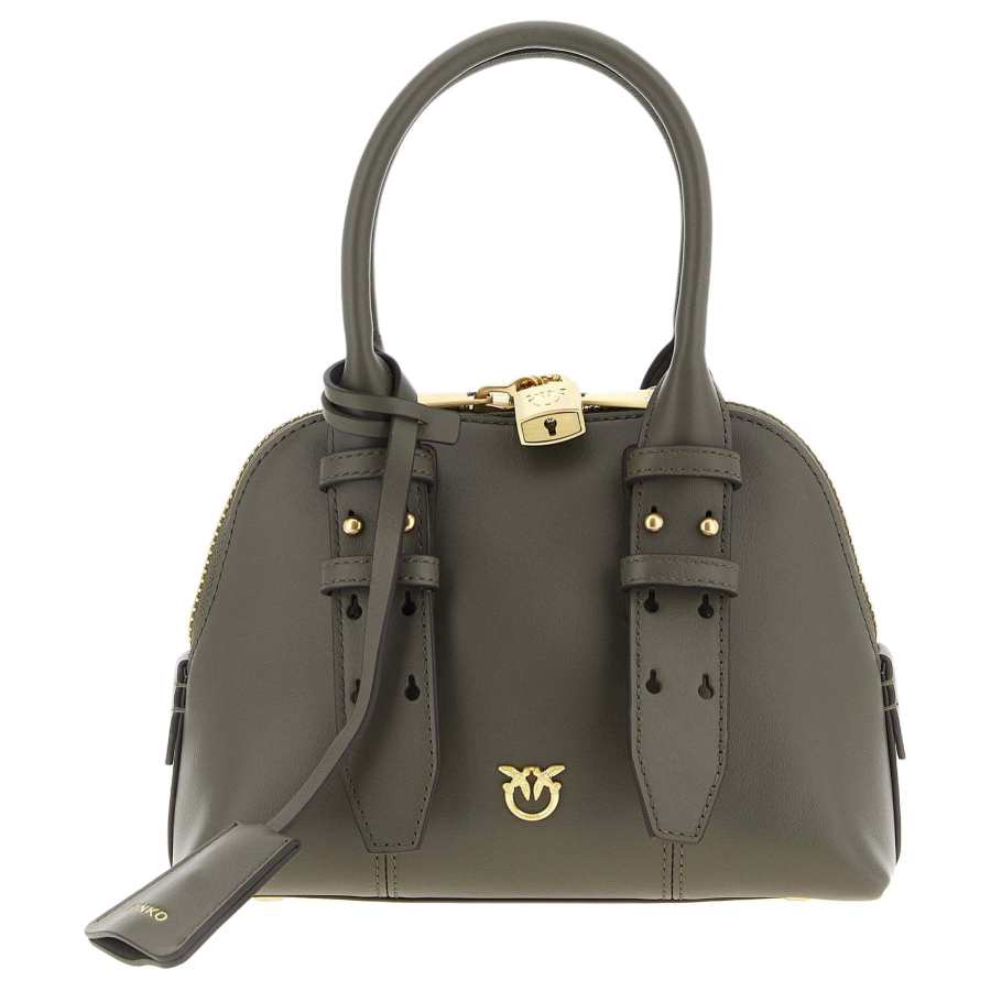 PINKO Cow Leather Bowling Bag, Shoulder Bag, Handbag Mini Women's Gray