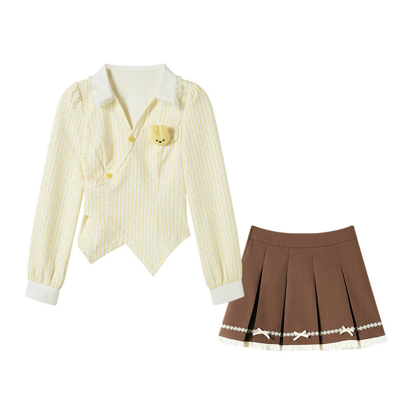 FABRIC PIG Two Piece Skirt Sets Women's Yellow Top+Brown Short Skirt+Bunny Brooch V Neck Moderate Short